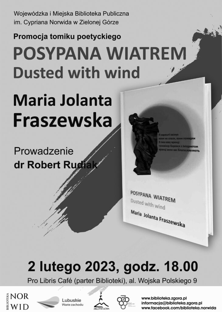 Plakat przedstawiający premierę książki Posypana wiatrem. Po prawej stronie znajduje się książka, po lewej informacje o spotkaniu.