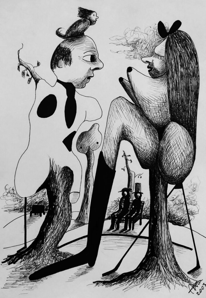 Surrealistyczny rysunek przedstawiający rozmawiających kobietę i mężcyzznę Mają obnażone sfery erotyczne i powykrzywiane kształty.
