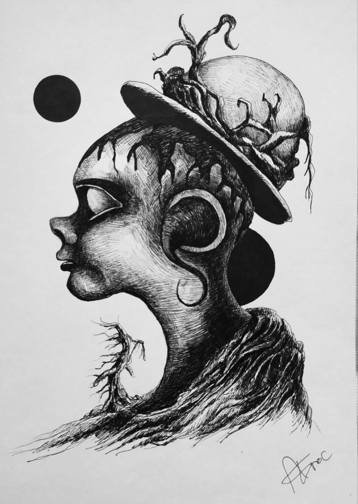 Surrealistyczny rysunek przedstawiający zamyślioną kobietę. Jest zwrócona w lewą stronę, ma kapelusz na głowie.