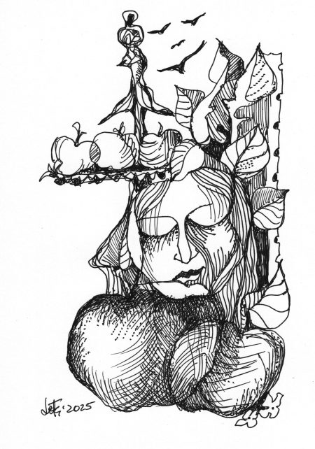 Leszek Frey Witkowski, „osad poetycki” do wiersza Mieczysława J. Warszawskiego Obieranie jabłka