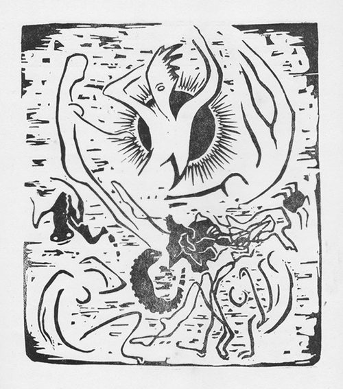 Jerzy Hulewicz, ilustracja do Genezis z Ducha Juliusza Słowackiego, Spółka Wydawnicza „Ostoja”, Poznań 1918. Drzeworyt oryginalny, 15 × 17,5 cm